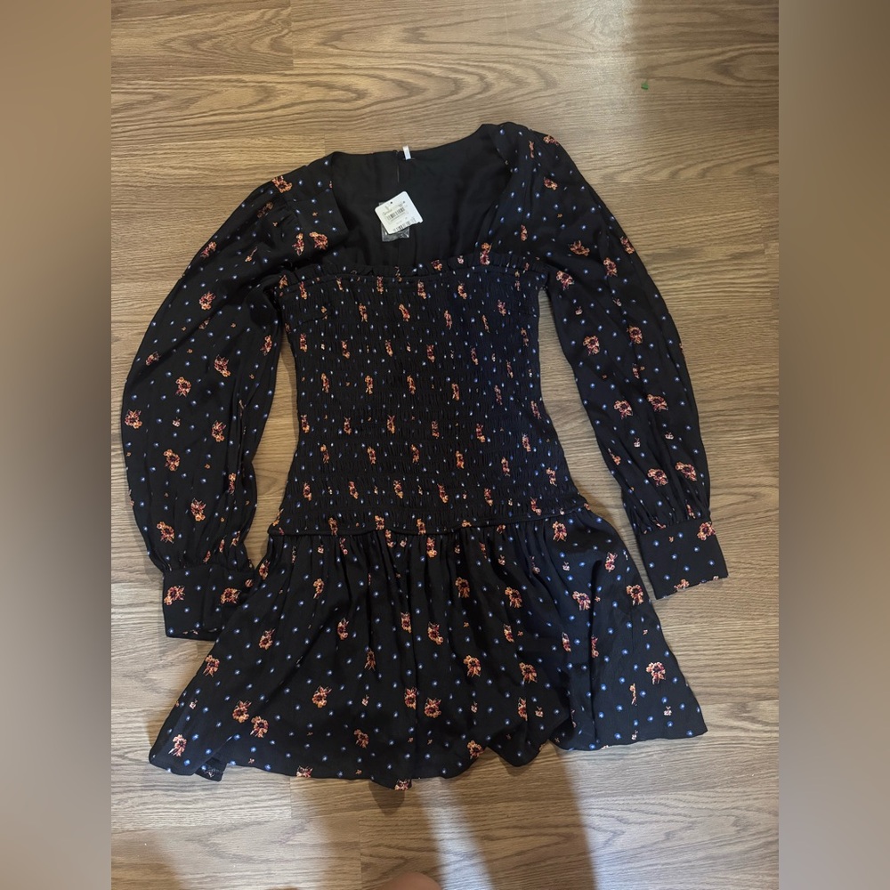 Free People Black Floral Smocked Long-Sleeve Mini Dress